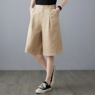 新款 高腰显瘦阔腿裤 胖MM宽松休闲直筒短裤 七分裤 子 女薄款 2021夏季