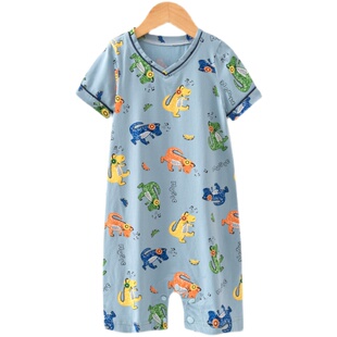 恐龙衣服儿童连体睡衣夏季薄款男童短袖纯棉宝宝大童连身睡袍长袖