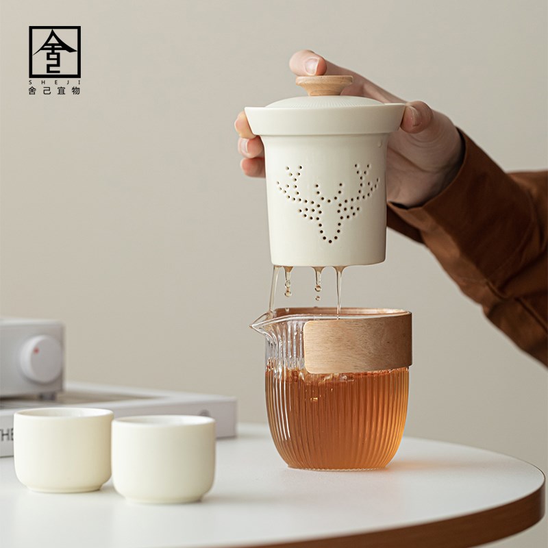 舍己高档奶油黄企鹅快客杯旅行茶具一壶二杯户外露营便携泡茶套装