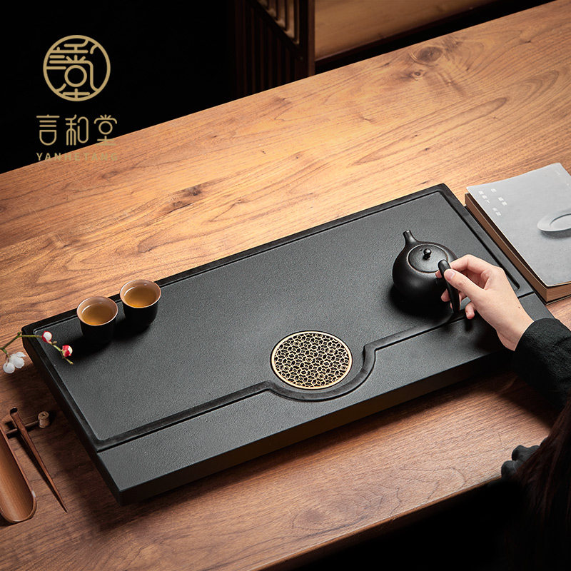 乌金石茶盘石头茶台简约天然石材功夫茶具黑金石茶海家用托盘定制
