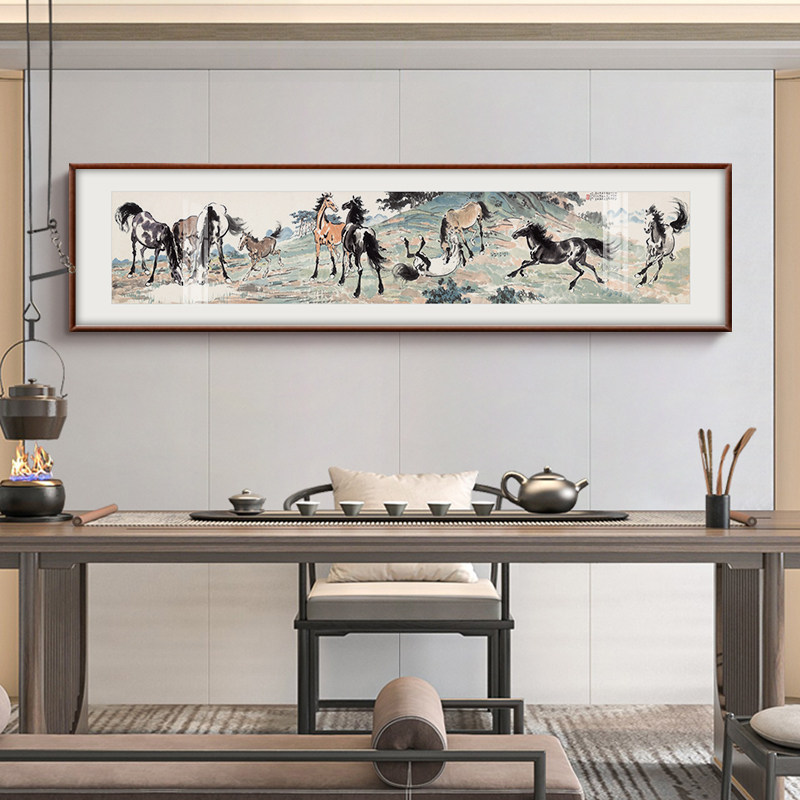 徐悲鸿春山十骏图客厅装饰画新中式书房茶室办公室背景墙实木框画