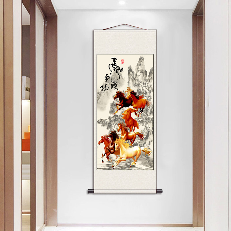 花鸟画卷轴画马到成功八骏图酒店挂画丝绸卷轴画名家字画客户礼品