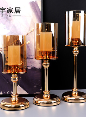 样板房间欧式浪漫烛台客厅餐桌金色金属玻璃摆设创意软装饰品摆件