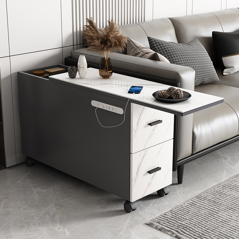 可移动充电岩板边柜沙发侧边柜小户型茶水桌暗格双抽屉轻奢角边几