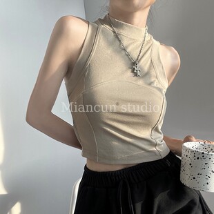 立领小吊带 修身 工字背心设计感拼接无袖 内搭打底上衣女夏秋新短款