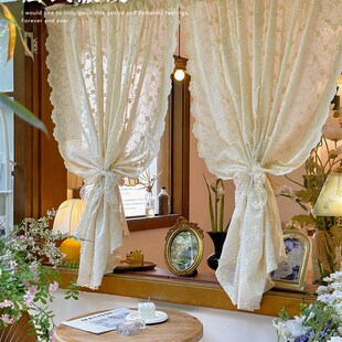 小短帘米色半帘高档门帘柜挡 浮雕立体绣花窗帘美式 法式 奶油风格