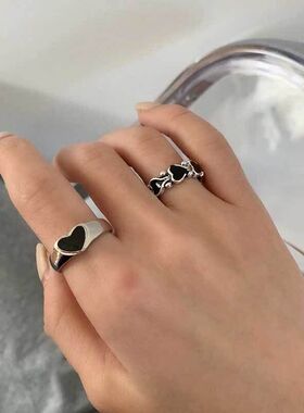 黑宝石戒指女ins冷淡风小众设计轻奢男潮牌开口食指环情侣