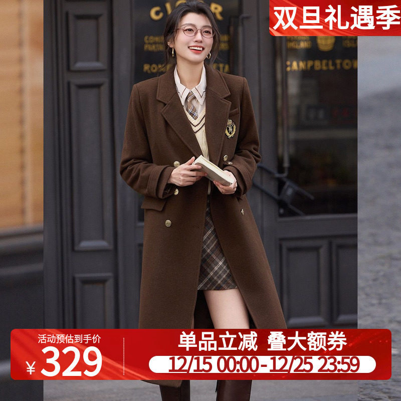 白鹿语英伦风中长款大衣25秋冬款通勤高品质纯色翻领厚款女式外套
