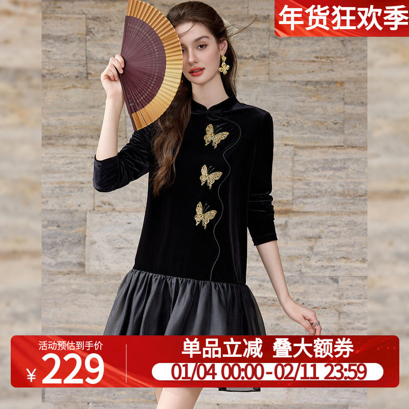 白鹿语新中式国风盘扣丝绒拼接小黑裙25秋新款高端显瘦洋气连衣裙