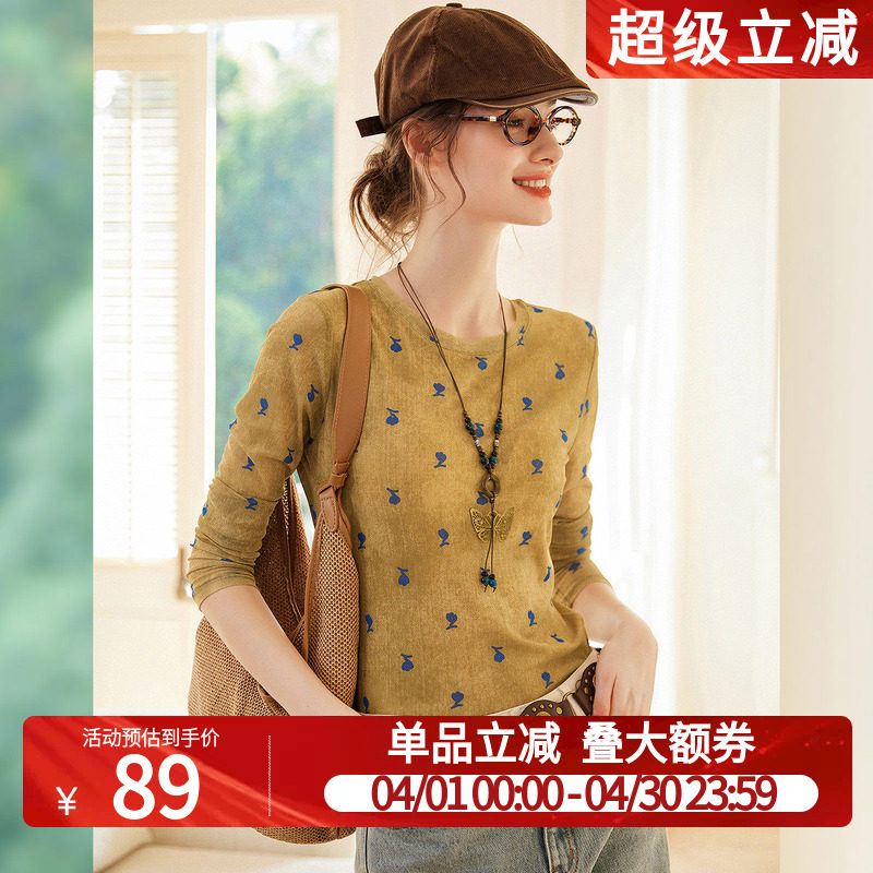 白鹿语时尚印花面料长袖上衣春秋气质休闲微弹圆领正肩袖女式T恤