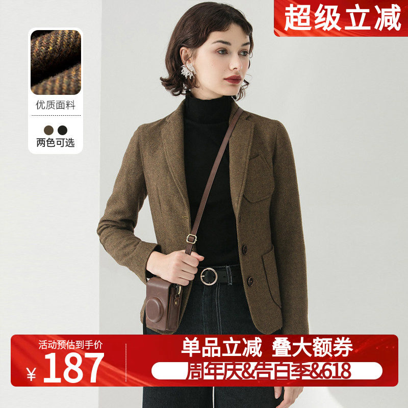 白鹿语翻领单排扣小西装冬休闲通勤ol风简约修身毛呢短外套女