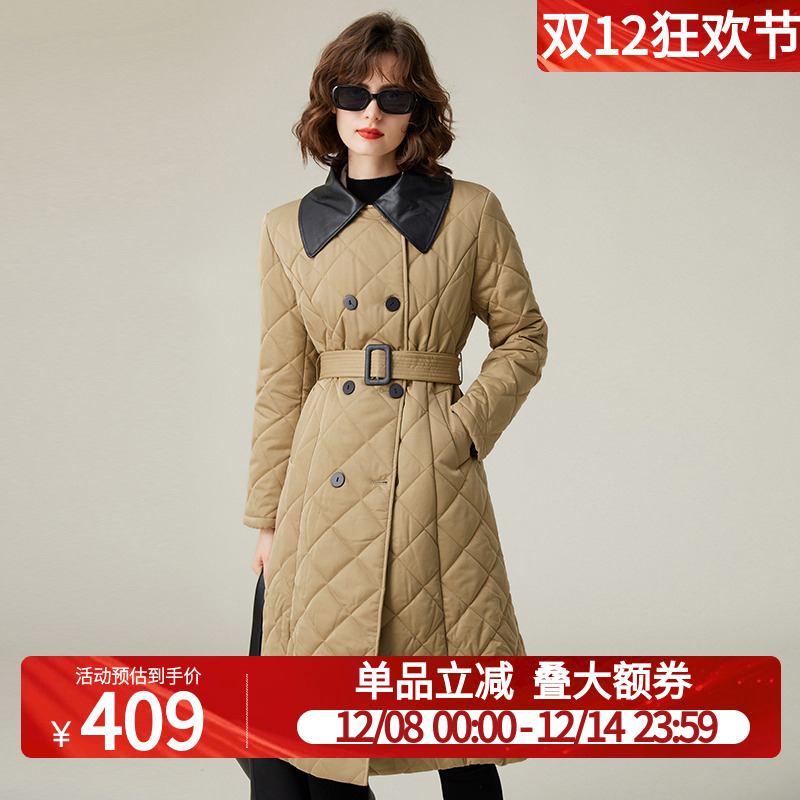 白鹿语长款撞色拼接PU翻领棉衣