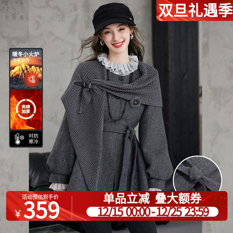 白鹿语加棉加厚系带收腰棉服大衣2025秋冬新款千金风宽松棉衣外套