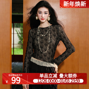 修身 优雅气质小众时尚 显瘦上衣 T恤2025秋新款 白鹿语镂空蕾丝长袖