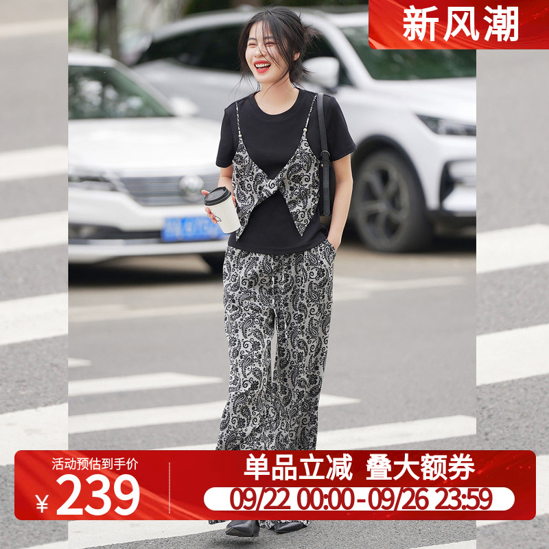 白鹿语气质设计感套装2025夏季新款时尚上衣裤子两件长裤女式套装