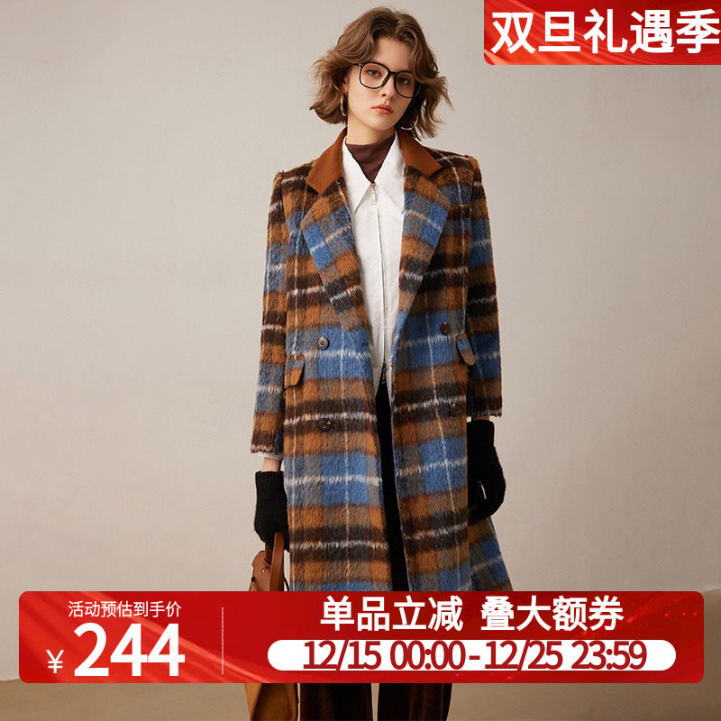 白鹿语复古撞色格纹大衣
