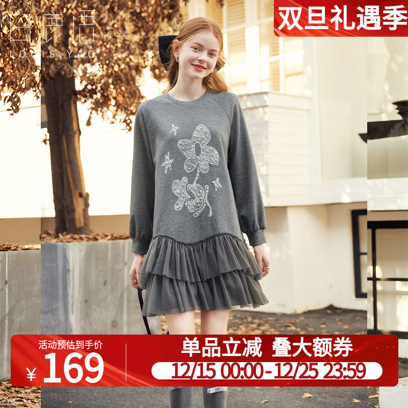 白鹿语蕾丝拼接网纱卫衣裙25秋新款时尚蝴蝶结印花圆领套头连衣裙