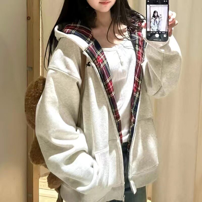 美式覆古格子连帽运动衫女春秋oversize薄款外套宽松慵懒风开 衫