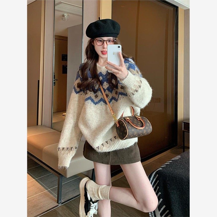 2025秋冬新款圆领费尔岛套头松弛风毛衣女韩系慵懒风加厚款针织衫