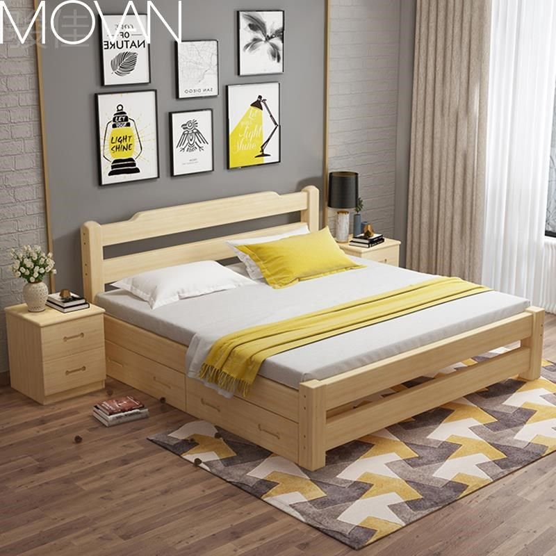 K8纯实木床全实木简易松木原木风1米5出租房1米2经济型135cm宽的