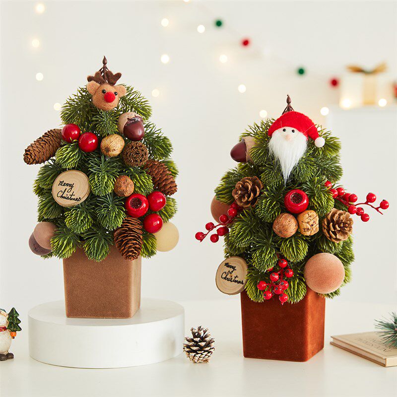 圣诞节装饰品桌面小型圣诞树摆件藤条花环韩式诺贝松场景布置套餐