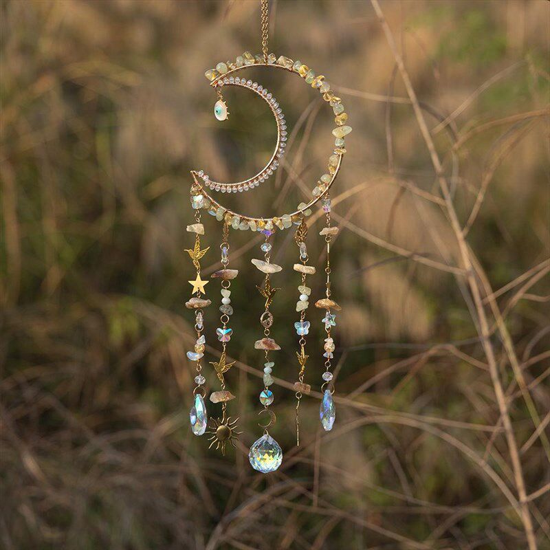 阳光捕手碎石水晶月亮款捕梦网挂件风铃房间阳台装饰挂饰空中吊饰