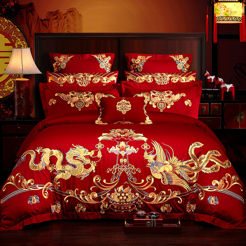 纯棉婚庆四件套大红色刺绣结婚床品新婚六八十件套全棉被套1.8m床