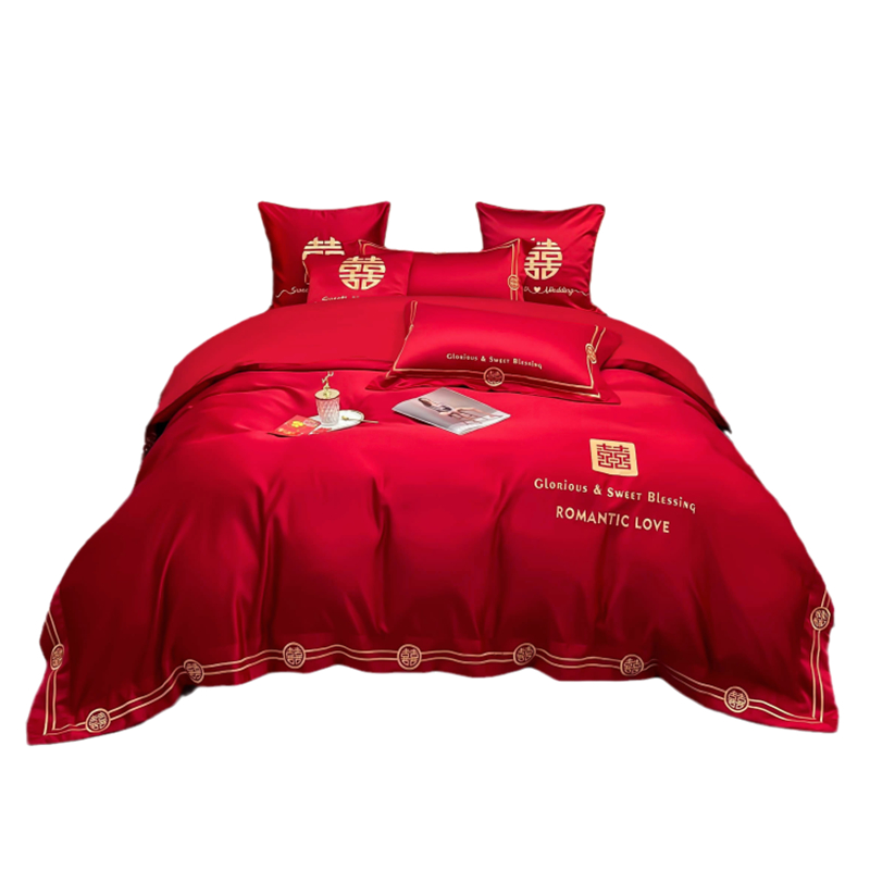 新婚庆四件套大红色刺绣花结婚礼婚房喜庆被套简约高端婚床上用品