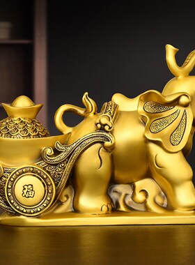 纯铜大象摆件元宝象象拉元宝象拉车象拉聚宝盆可开盖象拉车象送财
