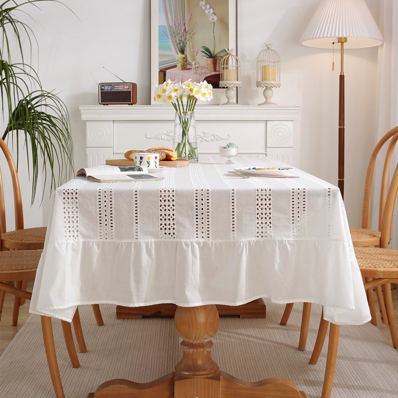 法式浪漫全棉纯白镂空绣花裙摆荷叶木耳边茶几台布餐桌布