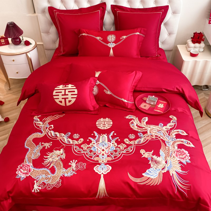 高档中式婚庆四件套大红色龙凤刺绣被套纯棉喜庆陪嫁结婚床上用品