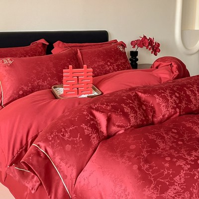 高档提花婚庆结婚床上四件套大红色全棉床单纯棉被套婚房陪嫁床品