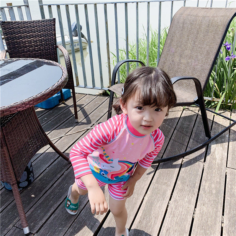 儿童泳衣宝宝婴幼儿小中童女冲浪服拉链分体泳装带帽三件套潮