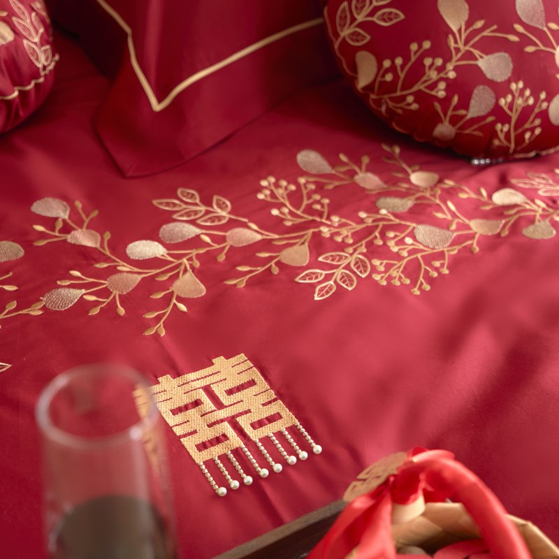 100支婚庆刺绣四件套全棉中式长绒棉红色结婚1.8m床上用品