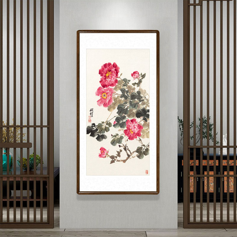 国画牡丹画花开富贵字画客厅入户玄关装饰画过道竖版壁画书房挂画