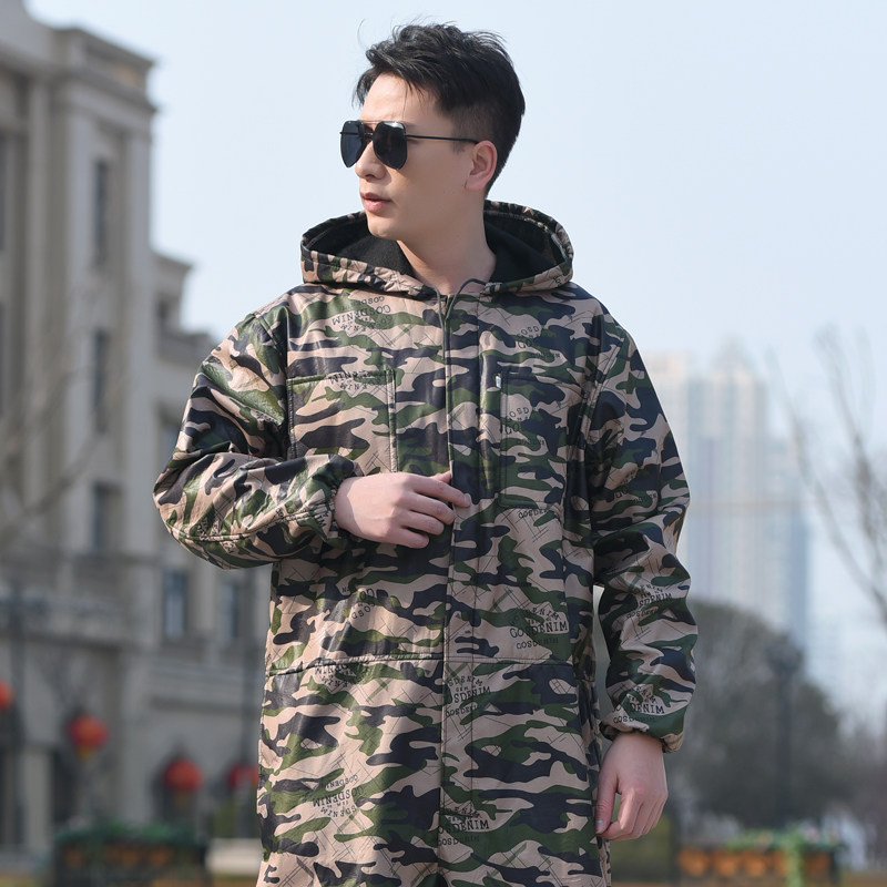 加绒加厚连体工作服男女迷彩连体C服带帽全身防护服喷漆打磨机修