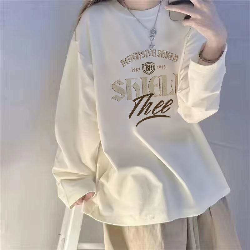 白色纯棉长袖T恤女2024春秋新款大码H宽松打底衫上衣休闲圆领卫衣