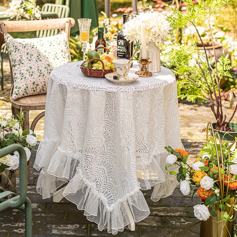 蕾丝桌布法式复古白色长方形美式餐桌布茶几台布圆桌荷叶边盖巾布