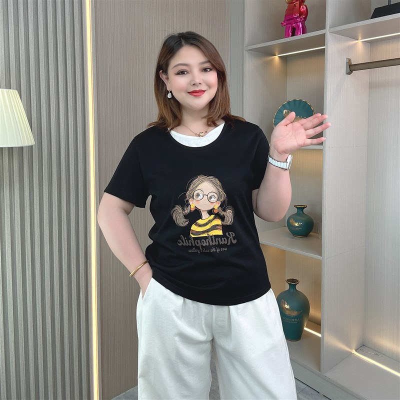 2025夏季新款女士微胖mm大码V领短袖T恤衫时尚百搭显瘦假两件上衣