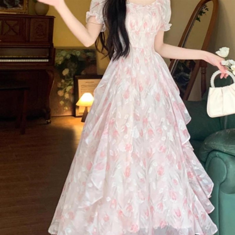 大码法式温柔仙女风碎花方领连衣裙女夏季胖mm收腰显瘦气质长裙子