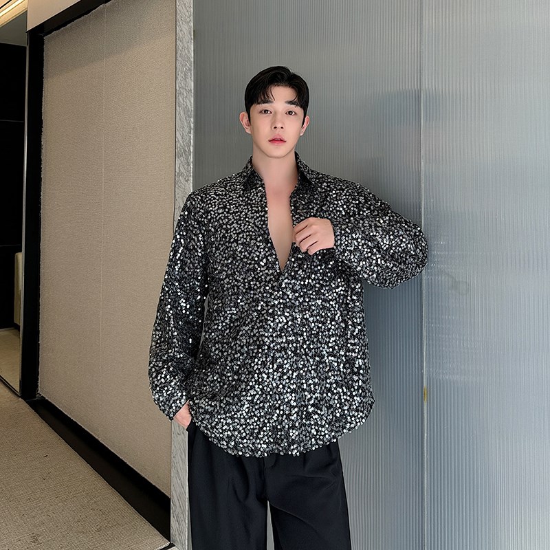 高级感炸街亮片衬衫男长袖设计感小众韩版网红夜店蹦迪舞台演出装