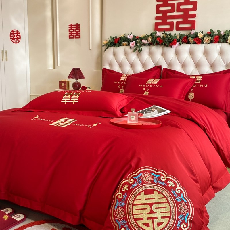 中式刺绣喜被套四件套喜庆大红色结婚床单水洗棉婚房床上用品