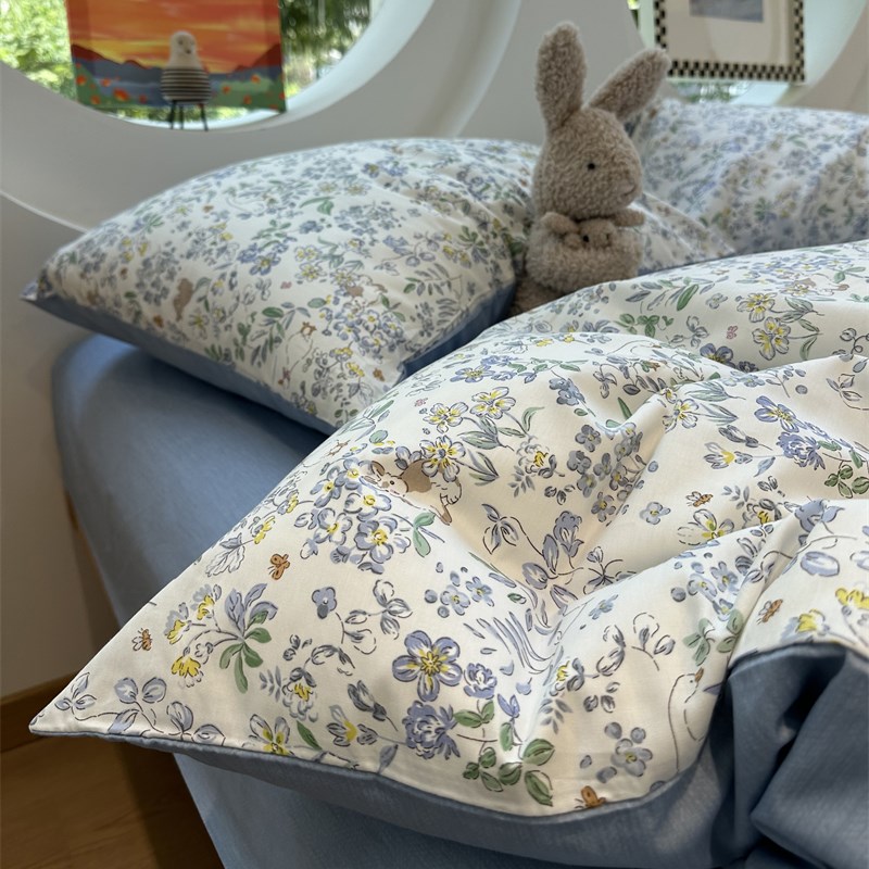 ins文艺碎花小兔纯棉床上四件套1.5m1.8米公寓全棉床单被套田园风