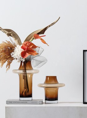 现代简约橙咖色玻璃花瓶客厅桌面插花家具店样板间售楼Z部软装摆