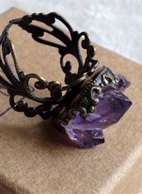 紫水晶戒指女纯晶簇手工定制古铜镂空气质简约活口指环两件包邮