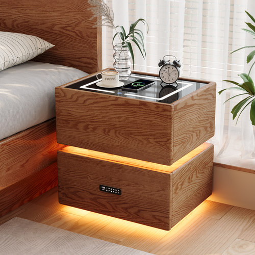 智能储物床头柜带灯实木现代简约卧室无线充电密码多功能锁床边柜
