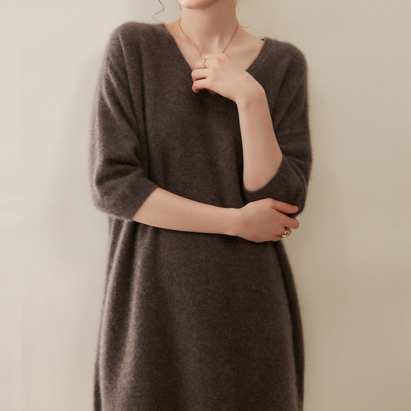 冬季宽松v领毛衣裙100%纯山羊绒