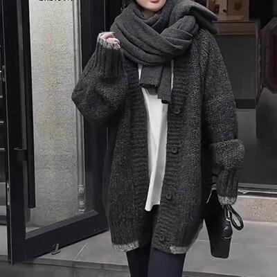 100%山羊绒开衫女中长款加厚宽松