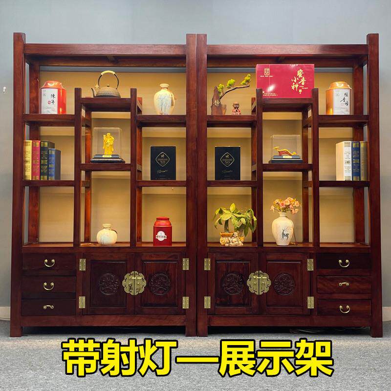 老船木博古架实木带射灯展示柜茶叶架办公室多功能落地酒柜置物架