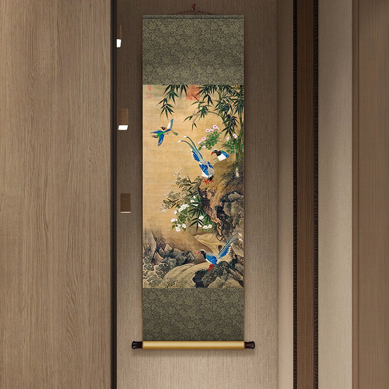 中式花鸟卷轴挂画客厅书房复古装饰画竹禽月季图竖版玄关走廊壁画图片